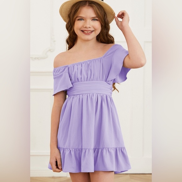 Ruffle Hem Tie-Back Flutter Sleeve Girls Dress
